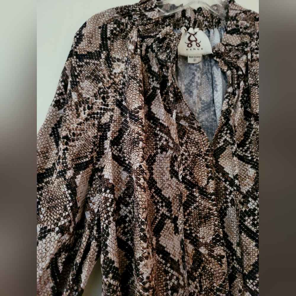 Figue Blouse Lilah Beige Snakeskin Print Womens Medium Long Puff Sleeves Tassel - Picture 7 of 14